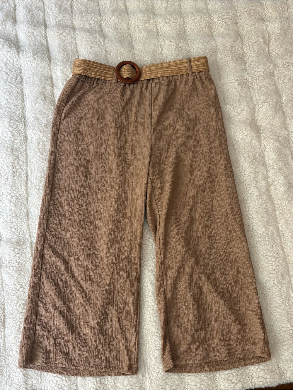 Wide-Leg Brown Pull-On Pants with Decorative Belt